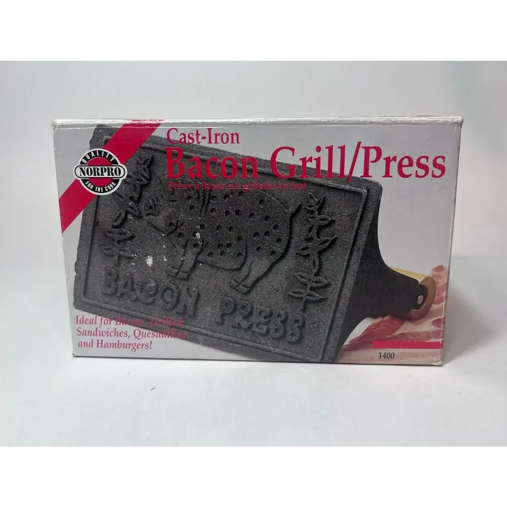 Bacon Press Cast Iron Wood Handle Grill Pressing Steak Cooking Burger Ham BBQ